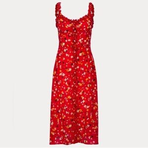 Realisation Par Juliet Silk Ruffle Button Midi Dress Rouge Fleur Red Floral